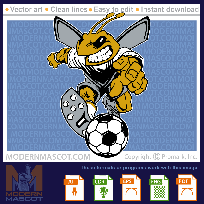 Bee mascot with kicking soccer ball, hornet soccer, yellowjacket soccer, clipart for teams, schools, and sports
